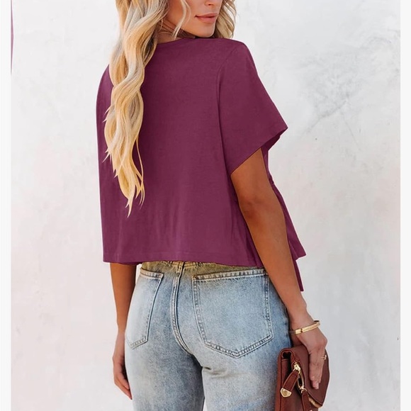 Women's Short Sleeve V Neck Blouse Ruffle Hem Tie Front Crop Top - Picture 3 of 6